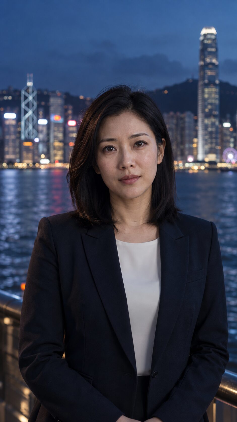 香港女性案件顧問，背景為維港夜景